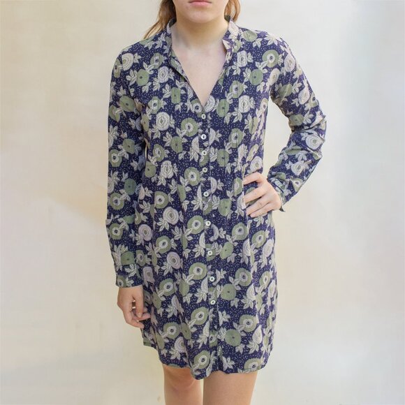 Westside Shirt Dress Button Up Floral Mini Blue Green 100% Cotton Nature Boho - Picture 1 of 10